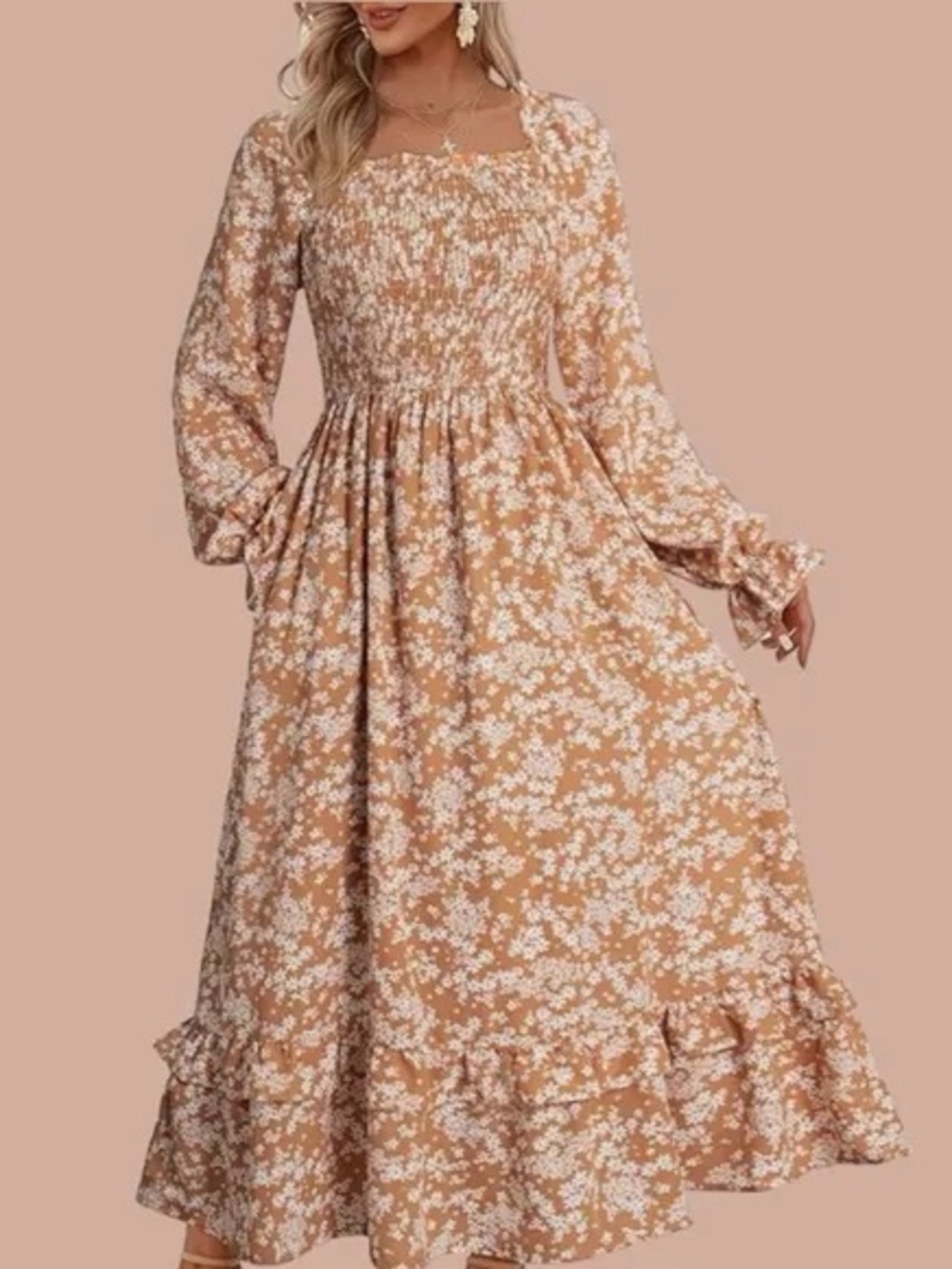 Women's Floral Smocked Maxi Dress - orange/mustard